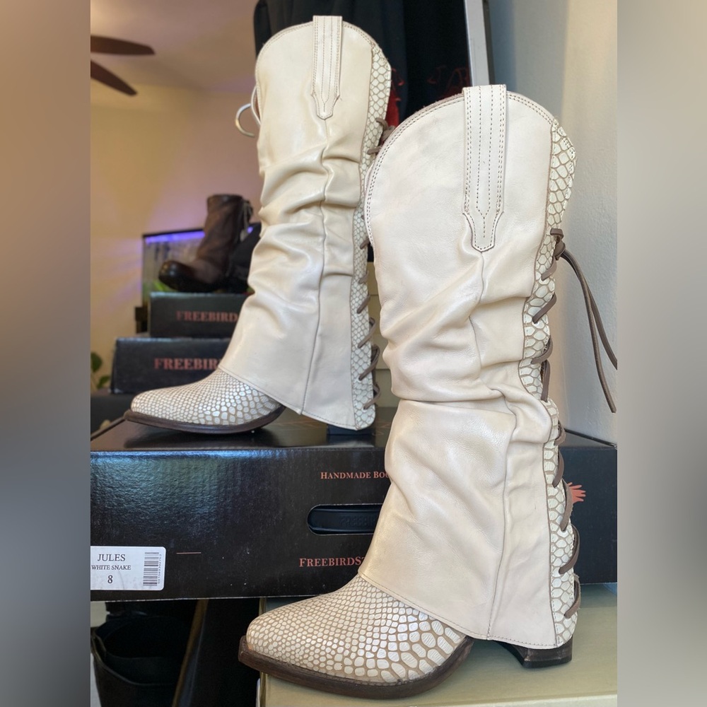 Freebird White Snake JULES Corset Lacing Leather Snip Toe Boots • Size 8 • New